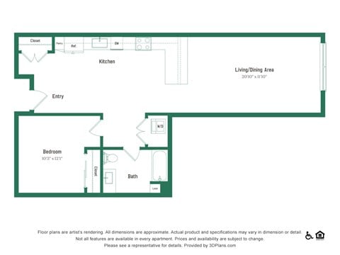 Floor plan for 1 bed, 1 bath, 838 sqft